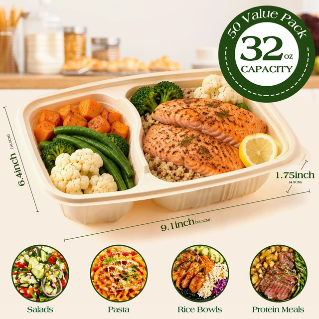 Alt view image 7 of 7 - 100 Piece (50 Pack) Meal Prep Containers Reusable - 2 Compartment 32 oz Cornstarch Snack Containers with Lids - Plastic Food Storage Salad Containers - To Go Lunch Box - Microwave & Freezer Safe