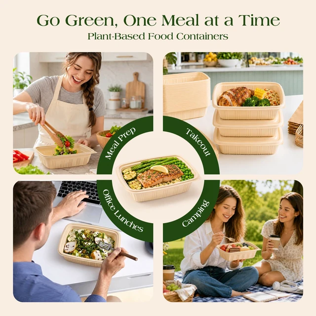 Alt view image 2 of 7 - 100 Piece (50 Pack) Meal Prep Containers with Lids,32 oz Resuable Cornstarch Material Salad Containers, Plant-based Lunch Boxes, Plastic Take Out Bowls BPA Free, Microwave Freezer Safe, Stackable