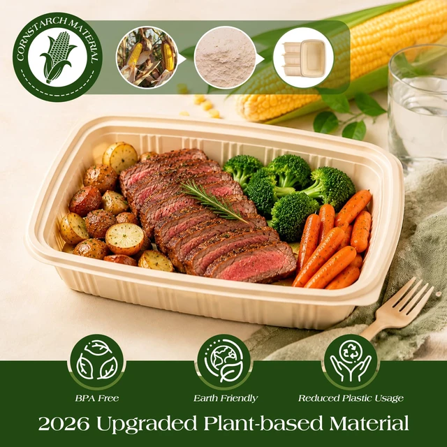 Alt view image 3 of 7 - 100 Piece (50 Pack) Meal Prep Containers with Lids,32 oz Resuable Cornstarch Material Salad Containers, Plant-based Lunch Boxes, Plastic Take Out Bowls BPA Free, Microwave Freezer Safe, Stackable