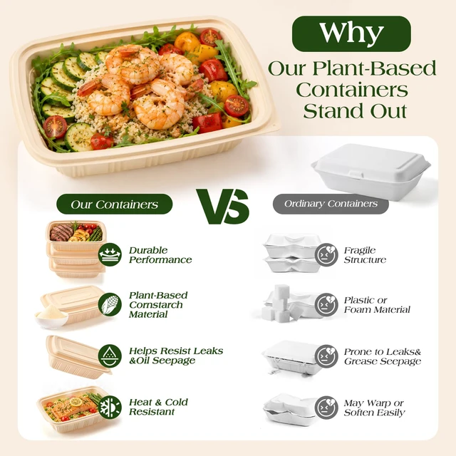 Alt view image 4 of 7 - 100 Piece (50 Pack) Meal Prep Containers with Lids,32 oz Resuable Cornstarch Material Salad Containers, Plant-based Lunch Boxes, Plastic Take Out Bowls BPA Free, Microwave Freezer Safe, Stackable