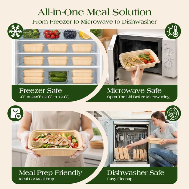 Alt view image 6 of 7 - 100 Piece (50 Pack) Meal Prep Containers with Lids,32 oz Resuable Cornstarch Material Salad Containers, Plant-based Lunch Boxes, Plastic Take Out Bowls BPA Free, Microwave Freezer Safe, Stackable