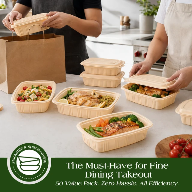 Alt view image 7 of 7 - 100 Piece (50 Pack) Meal Prep Containers with Lids,32 oz Resuable Cornstarch Material Salad Containers, Plant-based Lunch Boxes, Plastic Take Out Bowls BPA Free, Microwave Freezer Safe, Stackable