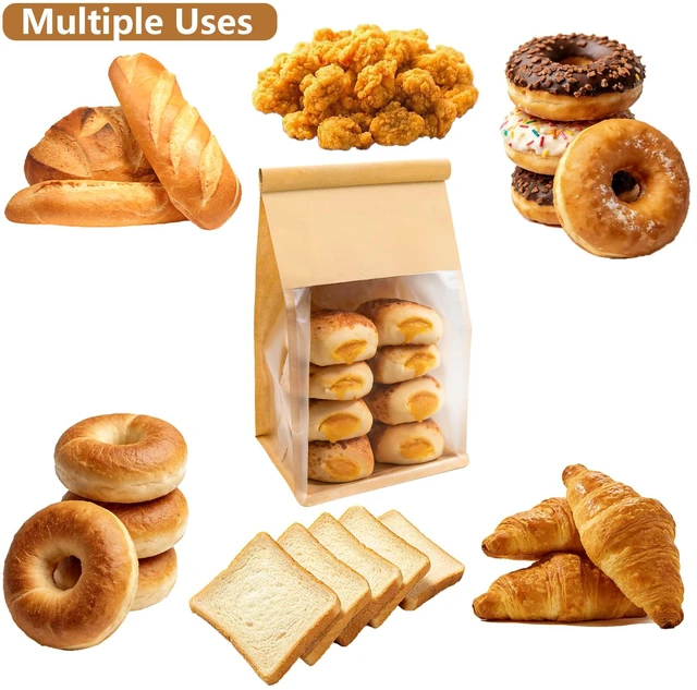 Alt view image 5 of 6 - 100PCS Bread Bags for Homemade Breads, 11x5.1x3.9 Inch Resealable Cookie Bags with Tin Tie Tab Lock, Paper Bakery Bag with Window for Packaging Bagels, Muffin, Scone, Brownie, Baked Goods Storage