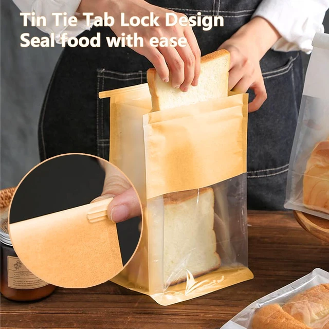 Alt view image 6 of 6 - 100PCS Bread Bags for Homemade Breads, 11x5.1x3.9 Inch Resealable Cookie Bags with Tin Tie Tab Lock, Paper Bakery Bag with Window for Packaging Bagels, Muffin, Scone, Brownie, Baked Goods Storage