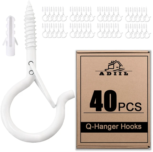 Main image of Q Hanger Ceiling Screw Hooks for Hanging Outdoor String Light, Plants 2.2 Inches Windproof Cup Eye Hooks with Safety Buckle for Hanging Basket Patio Christmas Lights, White, 40 PCS