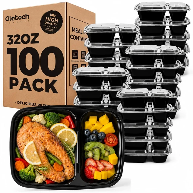 Main image of 100 Pack(200-Piece)32oz 2-Compartment Meal Prep Containers with Lid Food Storage Containers with Lids,Microwave Freezer Dishwasher Safe,Sturdy Leakproof&BPA Free Bento Box for To Go Take Out