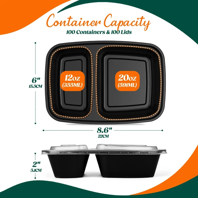 Alt view image 3 of 7 - 100 Pack(200-Piece)32oz 2-Compartment Meal Prep Containers with Lid Food Storage Containers with Lids,Microwave Freezer Dishwasher Safe,Sturdy Leakproof&BPA Free Bento Box for To Go Take Out