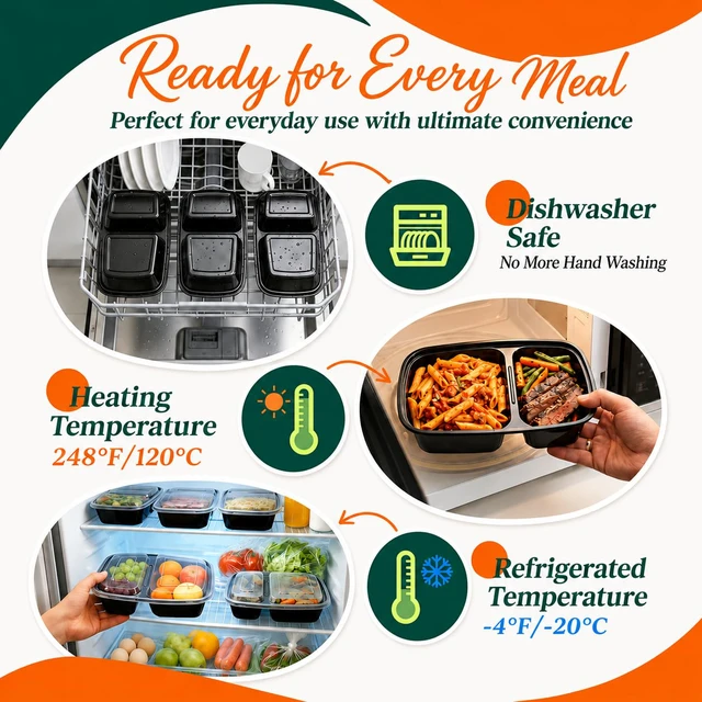 Alt view image 4 of 7 - 100 Pack(200-Piece)32oz 2-Compartment Meal Prep Containers with Lid Food Storage Containers with Lids,Microwave Freezer Dishwasher Safe,Sturdy Leakproof&BPA Free Bento Box for To Go Take Out