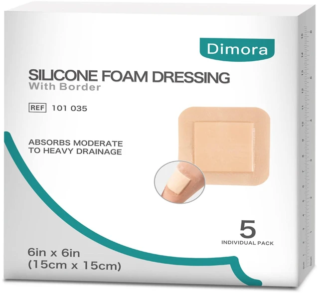 Main image of Silicone Foam Dressing 6x6 Bedsore Patches (5Packs) Megasorb 5-Layer Adhesive Gentle Border Waterproof Silicone Bandage Pressure Sore Pads for Wound Care post surgery
