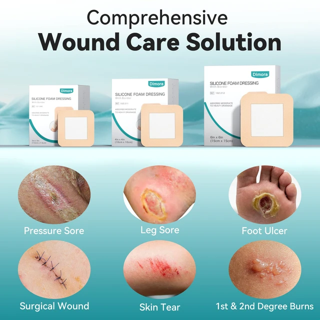 Alt view image 5 of 7 - Silicone Foam Dressing 6x6 Bedsore Patches (5Packs) Megasorb 5-Layer Adhesive Gentle Border Waterproof Silicone Bandage Pressure Sore Pads for Wound Care post surgery