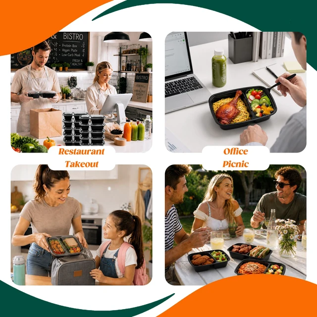 Alt view image 7 of 7 - 100 Pack(200-Piece)32oz 2-Compartment Meal Prep Containers with Lid Food Storage Containers with Lids,Microwave Freezer Dishwasher Safe,Sturdy Leakproof&BPA Free Bento Box for To Go Take Out