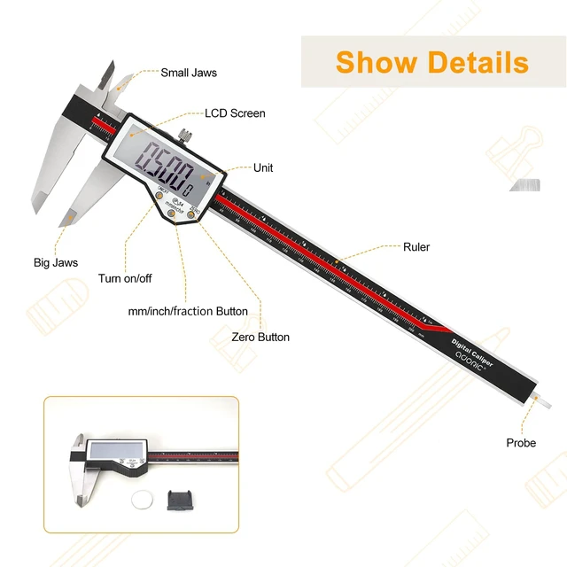Alt view image 4 of 7 - Digital Caliper, 8" Caliper Measuring Tool Extreme Accuracy Waterproof Electronic Vernier Caliper Industrial Stainless Steel Digital, Durable Measuring Tool with Large LCD Screen
