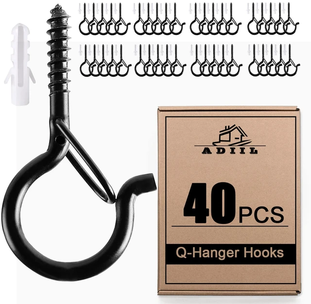 Main image of Q Hanger Ceiling Screw Hooks for Hanging Outdoor String Light, Plants 2.2 Inches Windproof Cup Eye Hooks with Safety Buckle for Hanging Basket Patio Christmas Lights, Black, 40 PCS