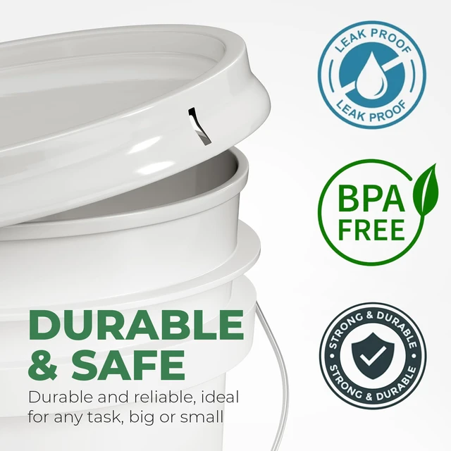 Alt view image 5 of 7 - 5-Gallon White Bucket Pail Container with Lid | Food Grade | Heavy-Duty Approx 90 MIL Extra Durable | Metal Handles with Plastic Grip | Multi-Use | Easy Stack and Store | BPA Free - 2 Pack