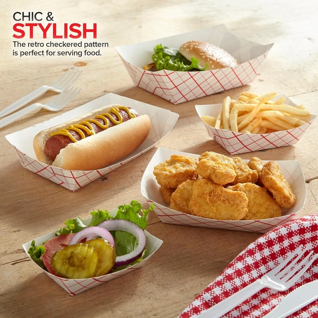 Alt view image 5 of 6 - Paper Food Boats (500 Pack) 1 lb Disposable Red & White Checkered Serving Trays for Concession Items, Nachos & Condiments