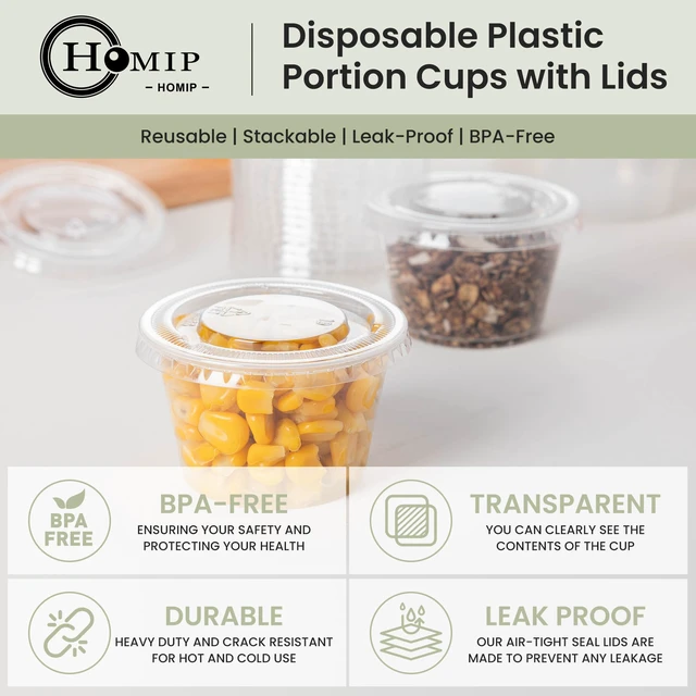 Alt view image 4 of 7 - 100PACK 4oz Plastic Portion Cups with Lids, Condiment, Jello Shot Cup Mini Cups for Portion Control, Salad Dressing Cups, Airtight and Stackable Sauce Cups for Party, Holiday and Daily Use