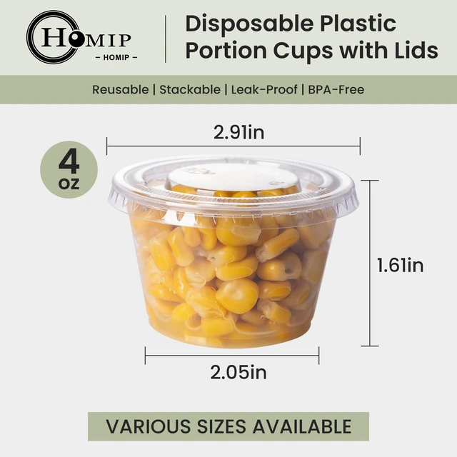 Alt view image 2 of 7 - 100PACK 4oz Plastic Portion Cups with Lids, Condiment, Jello Shot Cup Mini Cups for Portion Control, Salad Dressing Cups, Airtight and Stackable Sauce Cups for Party, Holiday and Daily Use