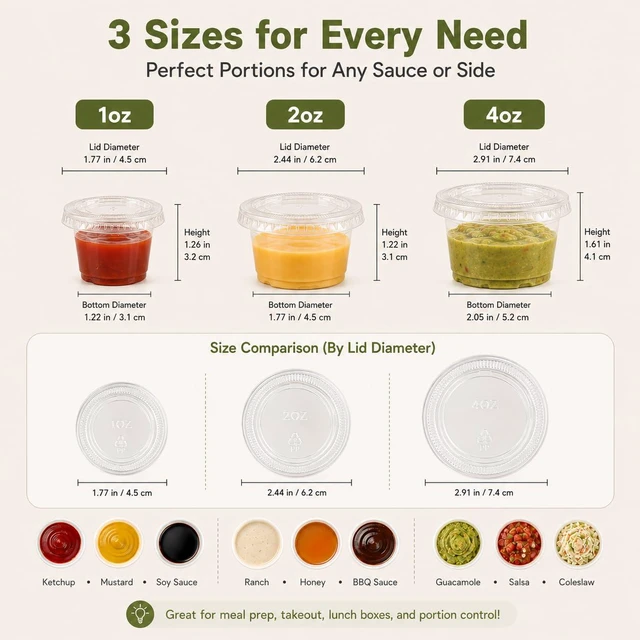 Alt view image 3 of 7 - 300PACK 2oz Plastic Portion Cups with Lids, Condiment, Jello Shot Cup Mini Cups for Portion Control, Salad Dressing Cups, Airtight and Stackable Sauce Cups for Party, Holiday and Daily Use