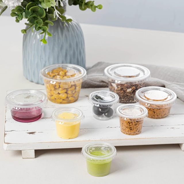 Alt view image 7 of 7 - 300PACK 2oz Plastic Portion Cups with Lids, Condiment, Jello Shot Cup Mini Cups for Portion Control, Salad Dressing Cups, Airtight and Stackable Sauce Cups for Party, Holiday and Daily Use