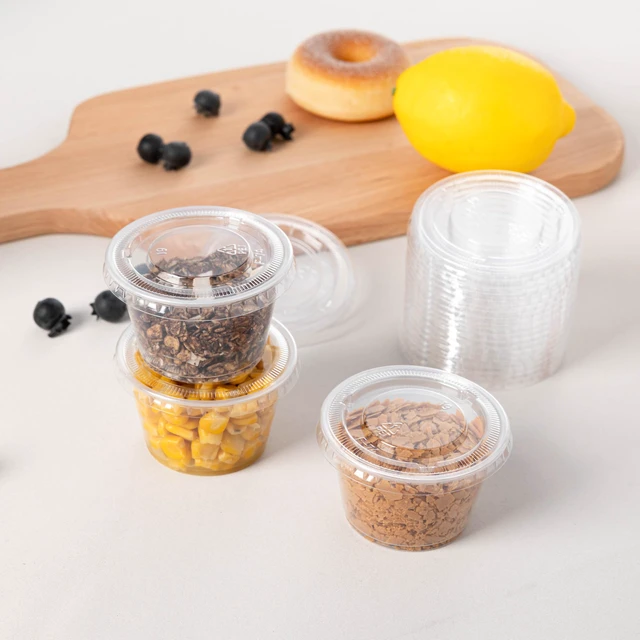 Alt view image 6 of 7 - 300PACK 4oz Plastic Portion Cups with Lids, Condiment, Jello Shot Cup Mini Cups for Portion Control, Salad Dressing Cups, Airtight and Stackable Sauce Cups for Party, Holiday and Daily Use