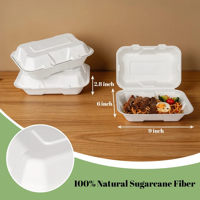 Alt view image 2 of 7 - 100 Pack 9×6 Inch White Compostable Bagasse Takeout Food Containers To Go Disposable Lunch Box, Eco-Friendly Biodegradable Clamshell Containers with Lids, for Meals, Takeaway, Party, Picnic