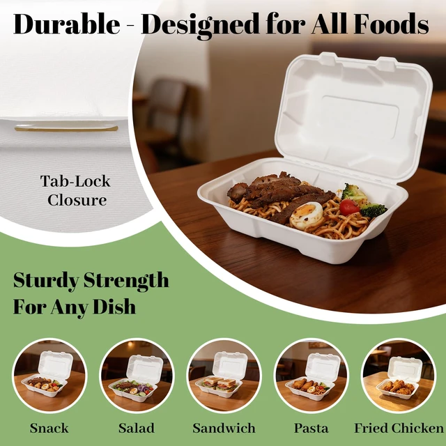 Alt view image 4 of 7 - 100 Pack 9×6 Inch White Compostable Bagasse Takeout Food Containers To Go Disposable Lunch Box, Eco-Friendly Biodegradable Clamshell Containers with Lids, for Meals, Takeaway, Party, Picnic