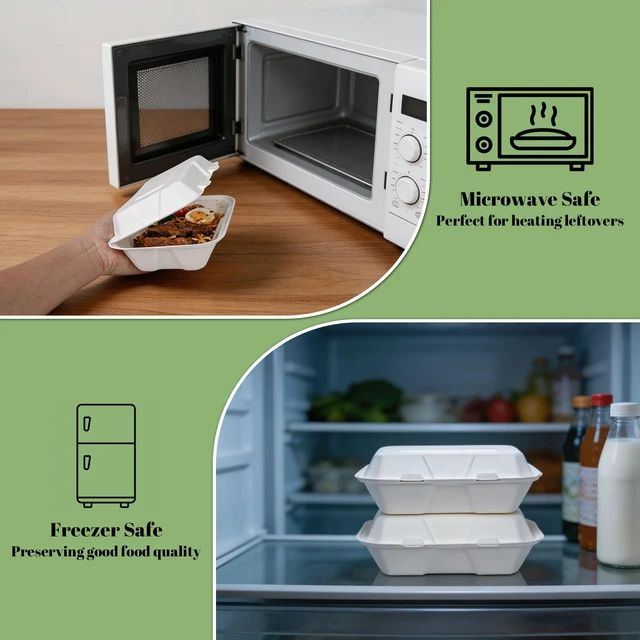 Alt view image 3 of 7 - 100 Pack 9×6 Inch White Compostable Bagasse Takeout Food Containers To Go Disposable Lunch Box, Eco-Friendly Biodegradable Clamshell Containers with Lids, for Meals, Takeaway, Party, Picnic