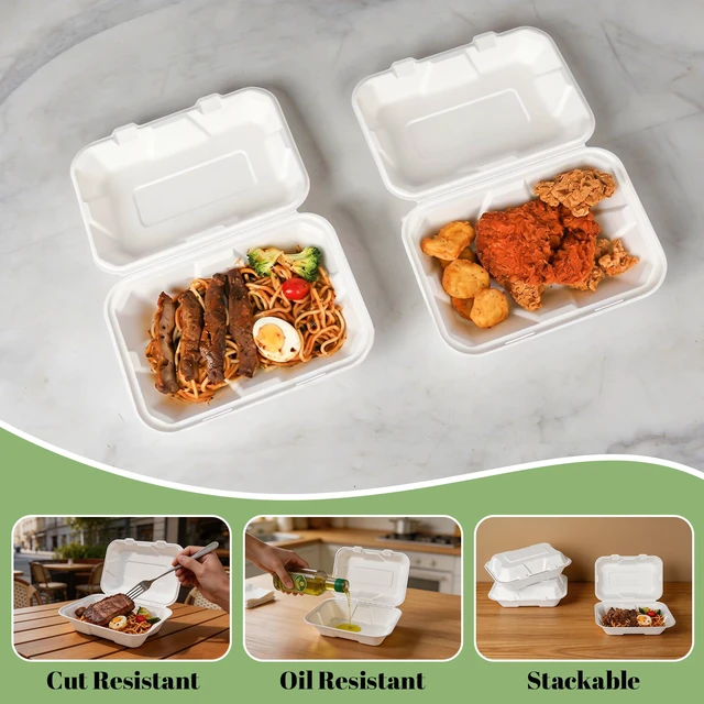 Alt view image 5 of 7 - 100 Pack 9×6 Inch White Compostable Bagasse Takeout Food Containers To Go Disposable Lunch Box, Eco-Friendly Biodegradable Clamshell Containers with Lids, for Meals, Takeaway, Party, Picnic