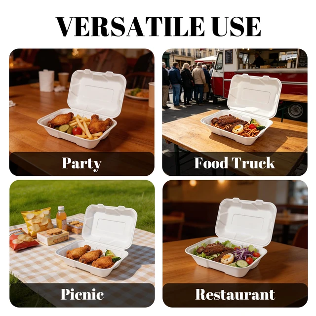 Alt view image 6 of 7 - 100 Pack 9×6 Inch White Compostable Bagasse Takeout Food Containers To Go Disposable Lunch Box, Eco-Friendly Biodegradable Clamshell Containers with Lids, for Meals, Takeaway, Party, Picnic