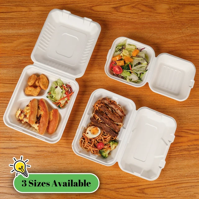 Alt view image 7 of 7 - 100 Pack 9×6 Inch White Compostable Bagasse Takeout Food Containers To Go Disposable Lunch Box, Eco-Friendly Biodegradable Clamshell Containers with Lids, for Meals, Takeaway, Party, Picnic