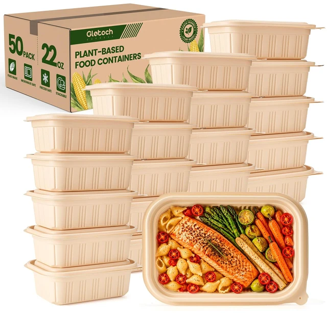 Main image of 50 Pack (100 Piece) Food Containers with Lids, 22oz Meal Prep Containers Reusable Plant-based Cornstarch Lunch Box BPA Free Small Disposable Take Out Togo Boxes for Salad Microwave & Freezer Safe