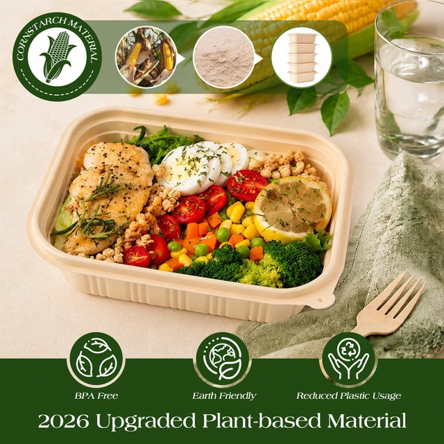 Alt view image 3 of 7 - 50 Pack (100 Piece) Food Containers with Lids, 22oz Meal Prep Containers Reusable Plant-based Cornstarch Lunch Box BPA Free Small Disposable Take Out Togo Boxes for Salad Microwave & Freezer Safe