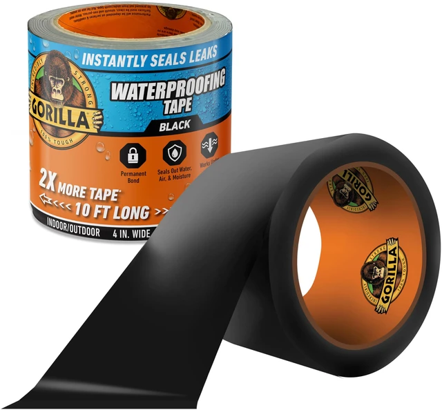 Main image of Waterproofing Tape, Permanent, Black, 4" x 10', 1-Pack Weather Resistant Seal for Leaks & Repairs, Air & Moisture Barrier, Bonds Metal, Plastic, Wood, Rubber & Vinyl