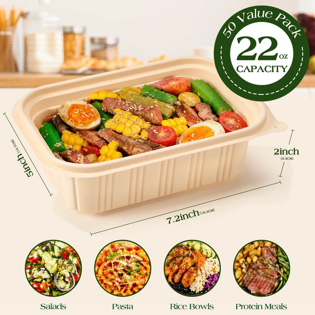 Alt view image 7 of 7 - 50 Pack (100 Piece) Food Containers with Lids, 22oz Meal Prep Containers Reusable Plant-based Cornstarch Lunch Box BPA Free Small Disposable Take Out Togo Boxes for Salad Microwave & Freezer Safe