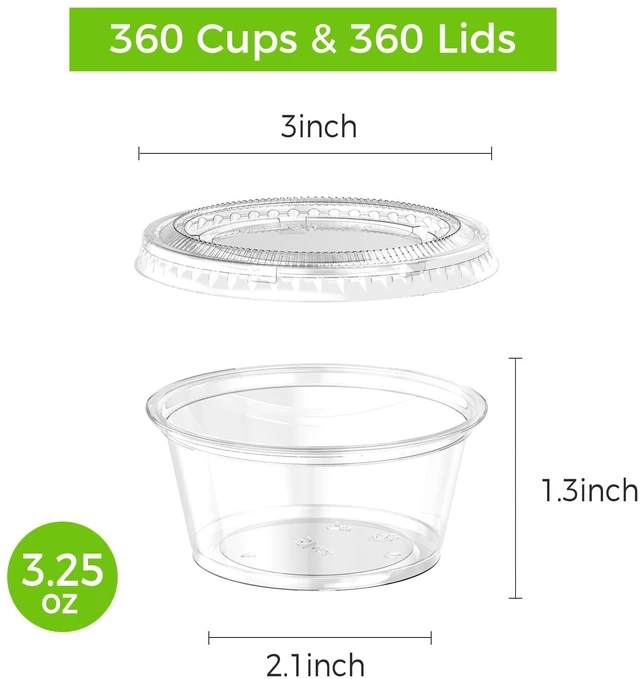 Alt view image 2 of 7 - 360 Set 3.25 oz Jello Shot Cups with Lids Sturdy & Food Safe Disposable Plastic Portion Condiment Dipping Sauce Cups, Small Containers for Salad Dressing