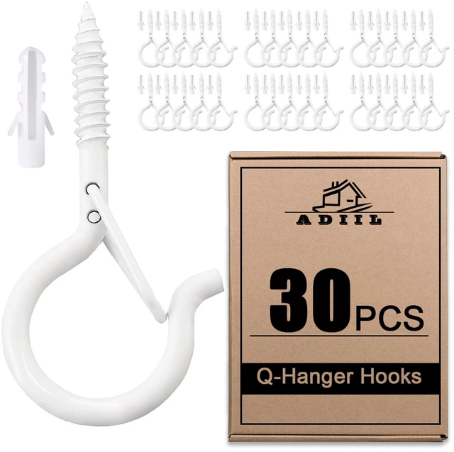 Main image of Q Hanger Ceiling Screw Hooks for Hanging Outdoor String Light, Plants 2.2 Inches Windproof Cup Eye Hooks with Safety Buckle for Hanging Basket Patio Christmas Lights, White, 30 PCS