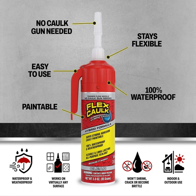 Alt view image 2 of 7 - Caulk Hybrid Polymer Waterproof Sealant, Clear, 3 oz, 1-Pack No caulk gun needed, trigger flow nozzle, paintable, won't shrink or crack, seals wet or dry, bath, kitchen, sink, window, RV