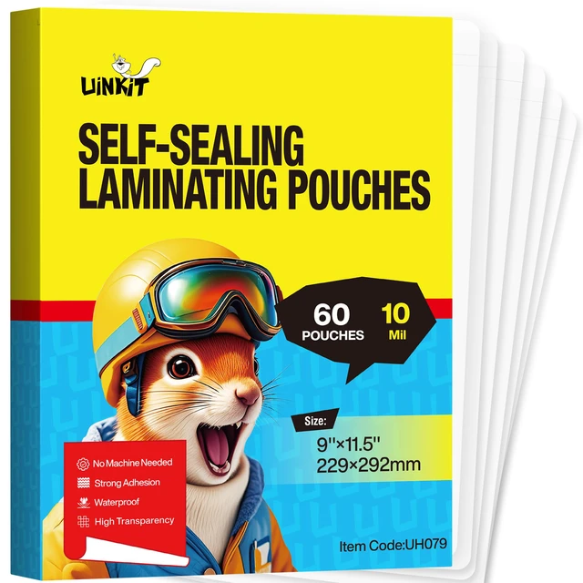 Main image of 10mil Self Sealing Laminating Pouches 8.5 x 11" 60Pack Double-Sided for Documents, Kids Art, Posters, Crafts - No Heat Machine Need
