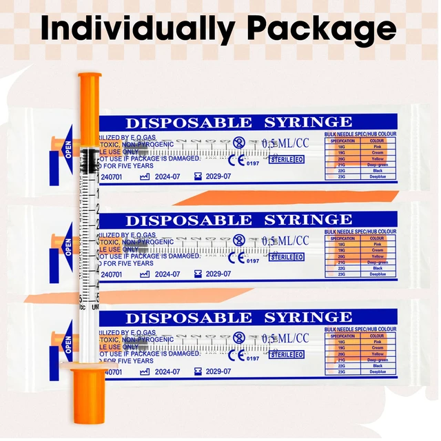 Alt view image 6 of 7 - 0.5ml Syringe with Cap, 31G 1/3" 1/2cc Syringes, Pack of 100 Disposable Individual Package
