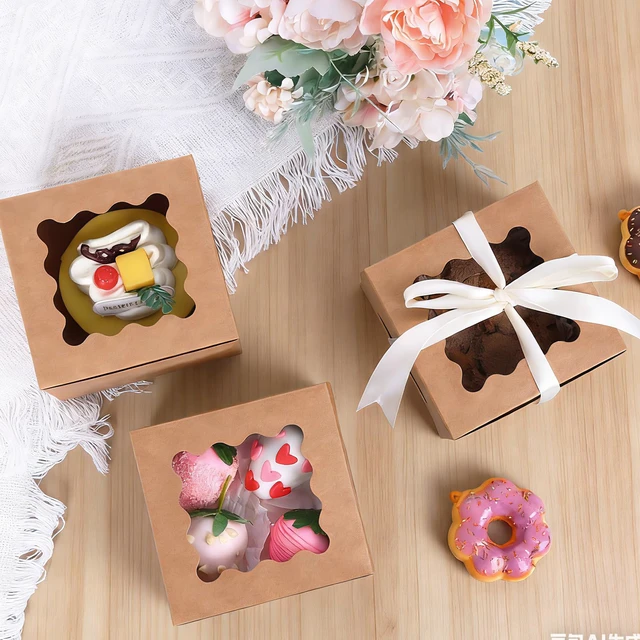 Alt view image 5 of 7 - 200pcs Small Cookie Boxes with Window, 4x4x2.5in Bakery Boxes Kraft Treat Boxes, Fit Small Cookies and Pastries, Suitable for Party Favors and Gifts
