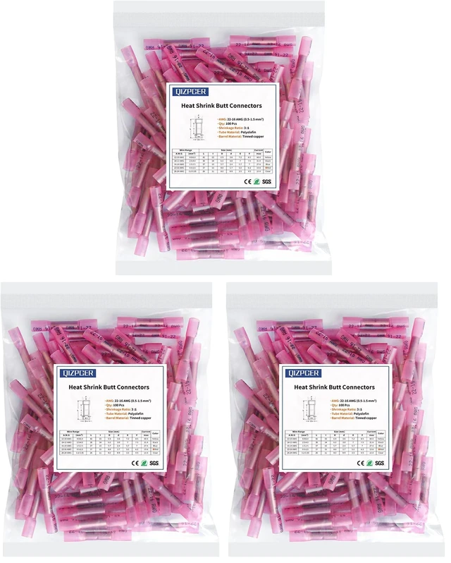 Main image of Heat Shrink Butt Connectors, 22-16 AWG 100 Pcs Red Marine Grade Insulated Crimp Wire Connectors, Waterproof Electrical Connectors Butt Splice for Boat Truck Wiring (Pack of 3)