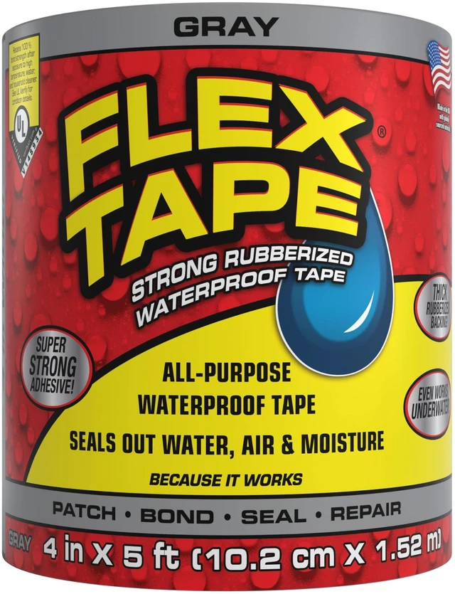 Main image of Strong Rubberized Waterproof Tape, Gray, 4 in x 5 ft, 1-Pack Patch, bond, seal, repair, works underwater, strong adhesive, roof leaks, gutters, pipes, pools, boats, RV, UV resistant