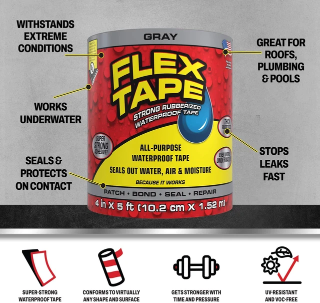 Alt view image 2 of 7 - Strong Rubberized Waterproof Tape, Gray, 4 in x 5 ft, 1-Pack Patch, bond, seal, repair, works underwater, strong adhesive, roof leaks, gutters, pipes, pools, boats, RV, UV resistant