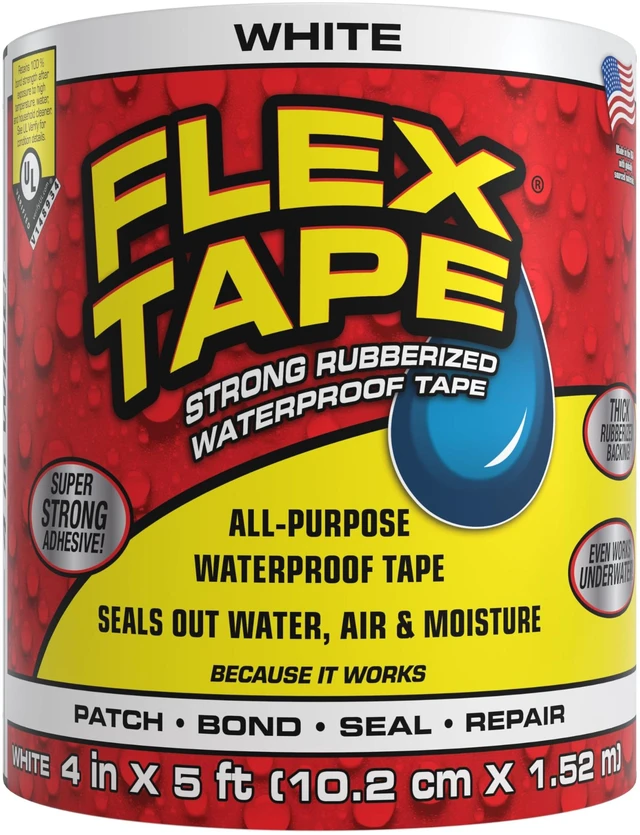 Main image of Strong Rubberized Waterproof Tape, White, 4 in x 5 ft, 1-Pack Patch, bond, seal, repair, works underwater, strong adhesive, roof leaks, gutters, pipes, pools, boats, RV, UV resistant