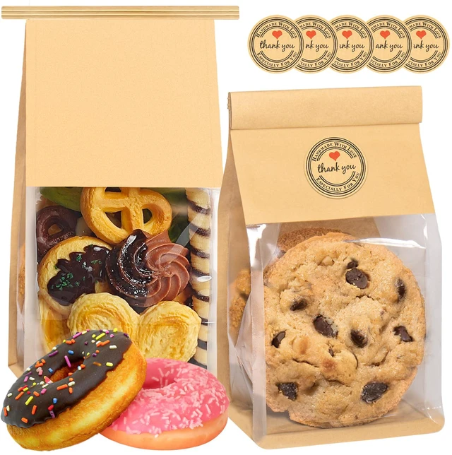Main image of 200 Pack Cookie Bags with Seal, 8.2x3.9x3.1 Inch Tin Tie Tab Lock Bakery Bags with Window Resealable Paper Packaging Bag for Muffin, Granola, Candies, Scone, Brownie, Included 200 Thank You Stickers