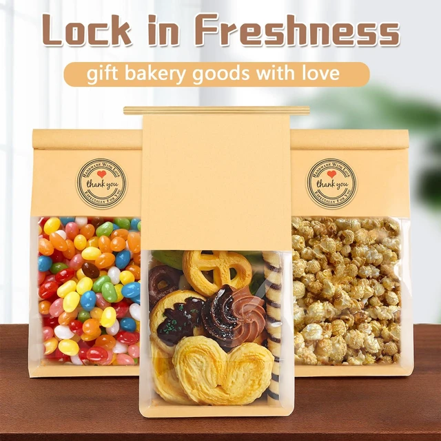 Alt view image 5 of 6 - 200 Pack Cookie Bags with Seal, 8.2x3.9x3.1 Inch Tin Tie Tab Lock Bakery Bags with Window Resealable Paper Packaging Bag for Muffin, Granola, Candies, Scone, Brownie, Included 200 Thank You Stickers