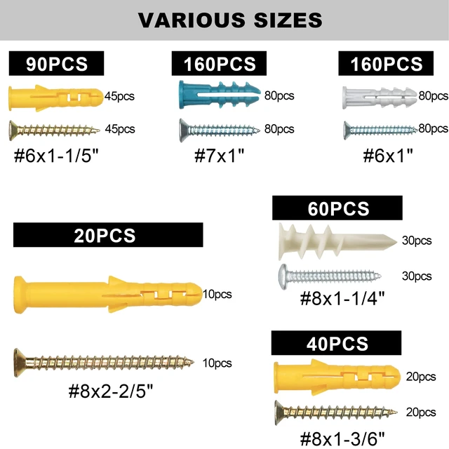 Alt view image 7 of 7 - Drywall Anchors and Screws Assortment Kit, 510Pcs Dry Wall Anchors 255 Plastic Wall Expansion Anchors and 255 Phillips Flat Head Wood Screws, Wall Hanging Kit for Picture/Art Decor