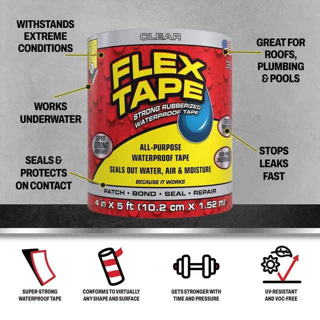 Alt view image 2 of 7 - Strong Rubberized Waterproof Tape, Clear, 4 in x 5 ft, 1-Pack Patch, bond, seal, repair, works underwater, strong adhesive, roof leaks, gutters, pipes, pools, boats, RV, UV resistant