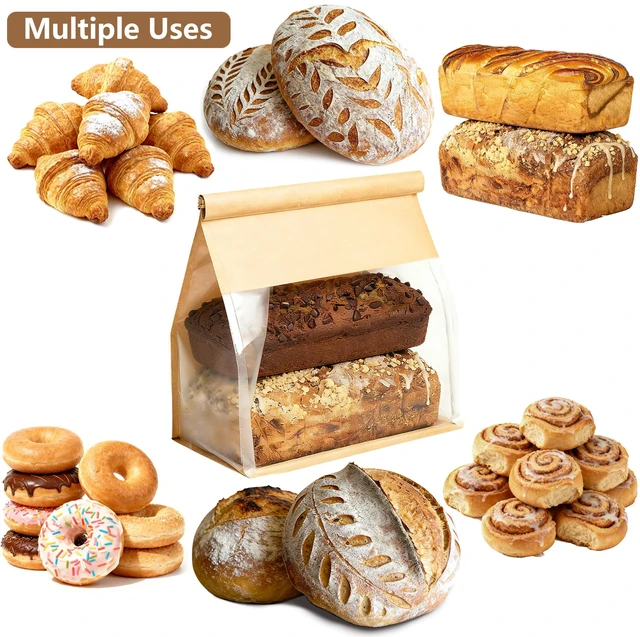 Alt view image 6 of 6 - 50 Pack Extra Large Paper Bread Bags for Homemade Bread Sourdough Bags, 12.2x10.6x6.1 Inches Resealable Tin Tie Tab Lock Bakery Loaf Bag with Window, Baked Goods Packaging for Gifting and Bake Sale