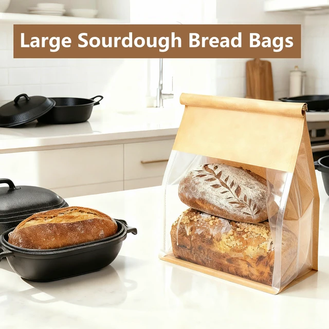 Alt view image 5 of 6 - 50 Pack Extra Large Paper Bread Bags for Homemade Bread Sourdough Bags, 12.2x10.6x6.1 Inches Resealable Tin Tie Tab Lock Bakery Loaf Bag with Window, Baked Goods Packaging for Gifting and Bake Sale